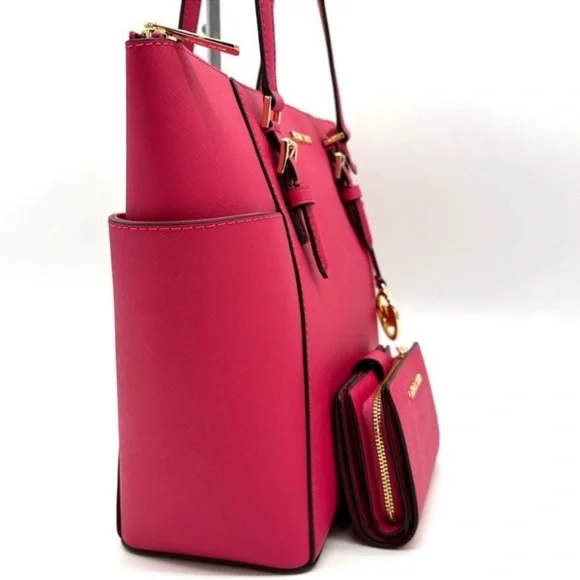 Michael Kors Large Charlotte Tote Bag & MD Bifold Zip Chain Wallet Electric Pink - Picture 4 of 14